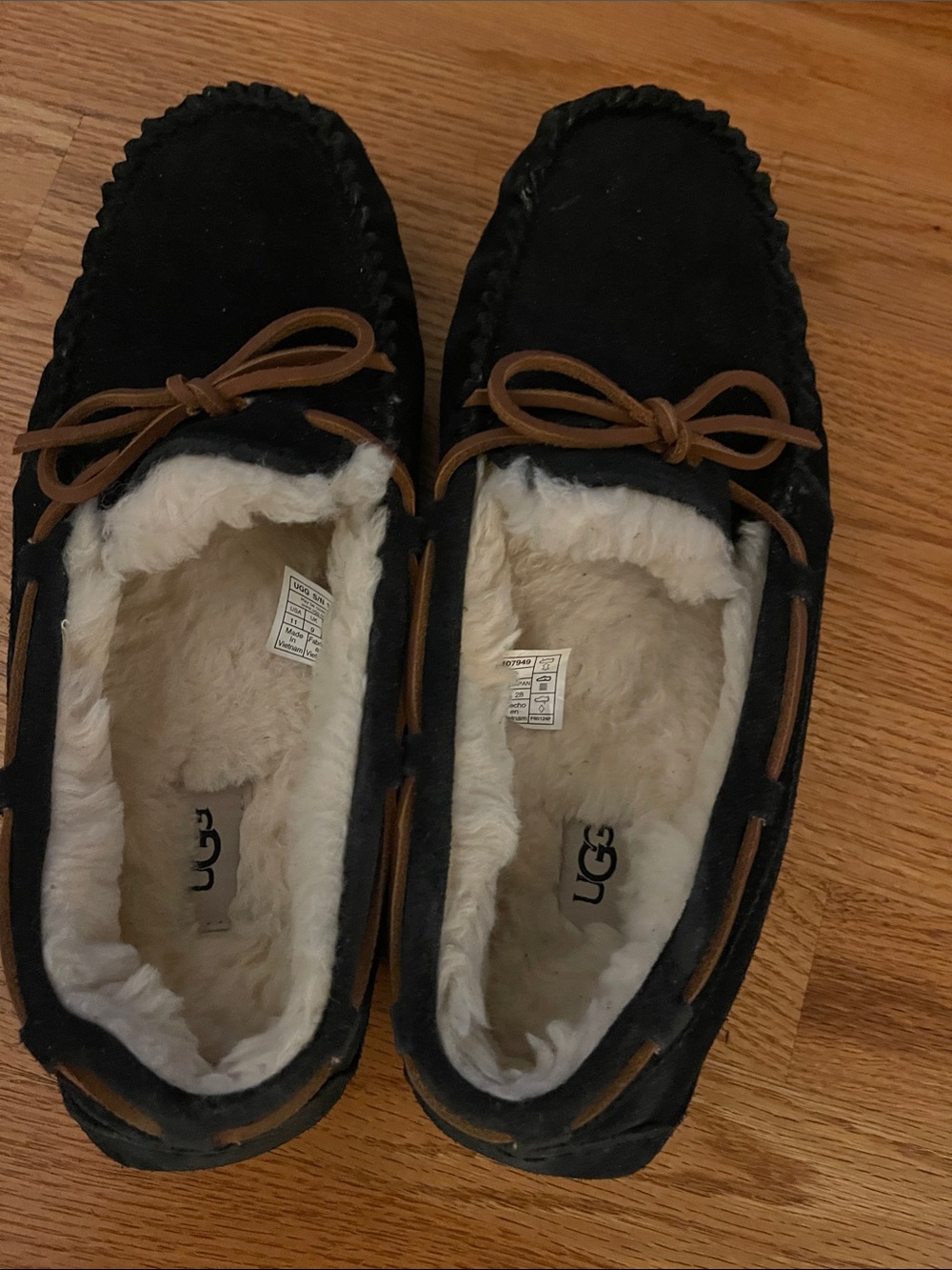 UGG womans Black Suede Shearling-Lined Moccasins with Chestnut Laces